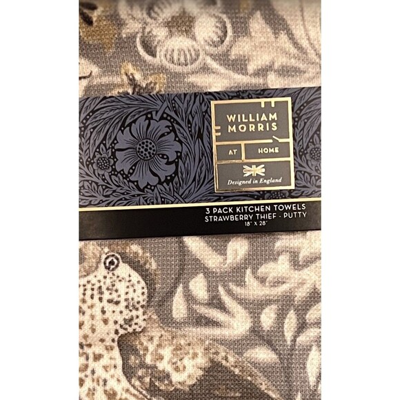 William Morris & Co Kitchen Dish Towels Strawberry Thief Putty Cotton Set of 3 - Picture 11 of 11
